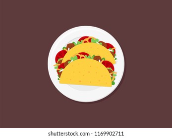 Vegetarian taco wraps. Vegetable tacos with ingredients on plate. Top view, vector flat illustration.