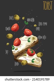 Tostadas vegetarianas con queso crema, aceitunas, alcaparras, microvegetales, tomates cerezos en pan tostado de grano entero. Ilustración del vector