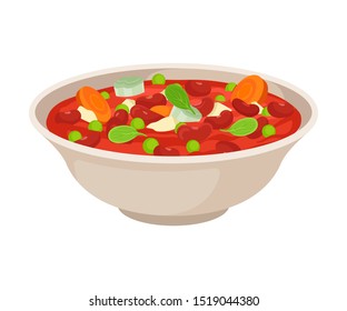 Vegetarian Tomato Soup With Beans And Greenery In Bowl Vector Illustration