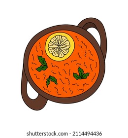 Vegetarian traditional Greek soup with lentils. Vector hand-drawn illustration. Design element for menu cafe, bistro, restaurant. 