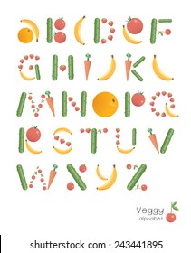 Vegetarian vector cute alphabet made from healthy summer raw organic fruits and vegetables - banana, orange, cherry, cucumber, tomato, carrot and strawberry. Idea - Health lifestyle and vegetarianism 