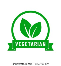 Vegetarian vector icon. Organic, bio, eco symbol. No meat, vegetarian, healthy and nonviolent food. Round green vector illustration with ribbon and leaves for stickers, labels and logos