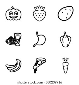 vegetarian vector icons. Set of 9 vegetarian outline icons such as potato, banana, pepper, pizza, pasta and wine glass, strawberry, carrot, stomach