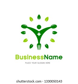 Vegetarian vector logo template. Pictogram. Green color. Design with spoon and fork. 
