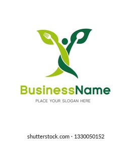Vegetarian vector logo template. Pictogram. Green color. Design with spoon and fork. 