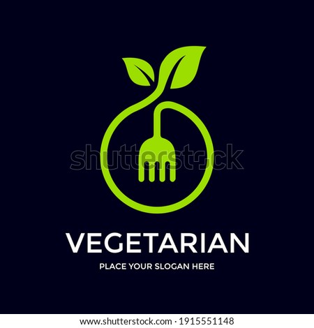 Vegetarian vector logo template. This design use leaf and fork symbol. Suitable for eat.