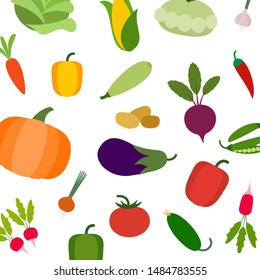 Vegetariano vectorial con zanahoria, tomate, rábano y berenjena, maíz, calabaza y calabaza. Verduras coloridas de fondo moderno. Verduras aisladas de fondo blanco.