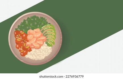 Vegetarian Vegan Cherry Tomato Avocado Oatmeal Salmon Salad Poke  Meal Vector Illustration