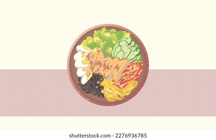 Vegetarian Vegan Cucumber Egg Tofu Olives Paprika Chicken Breast Salad Poke Meal Vector Illustration