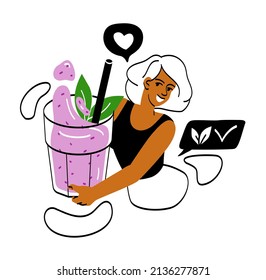 Vegetarian or vegan diet abstract concept. Smiling woman holds glass with delicious berry smoothie or juice. Healthy nutrition and rejection of animal proteins. Cartoon flat vector illustration