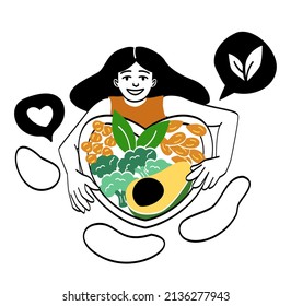 Vegetarian or vegan diet abstract concept. Young smiling woman holds plate with delicious vegetables, almonds nut, broccoli and avocado. Farm food. Cartoon contemporary flat vector illustration