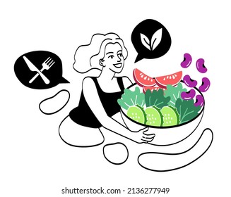 Vegetarian or vegan diet abstract concept. Smiling woman holds large plate with fresh ripe vegetables. Female character eats cucumbers, tomatoes, beans and lettuce. Cartoon flat vector illustration