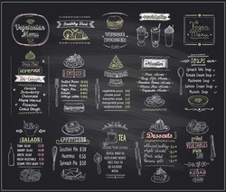 Vegetarian And Vegan Food Chalkboard Menu Design Set, Hand Drawn Line Graphic Illustration With Desserts And Drinks, Soups, Salads, Pizza And Noodles, Vector Collection
