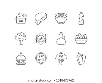 Vegetarian, vegan food line icons with cooking, cheese, miso soup, yogurt, broccoli, restaurant, olive oil, salad, burger, pizza, bell pepper.