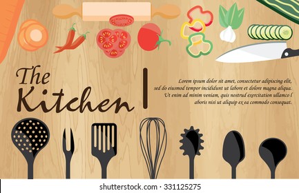 Vegetarian and vegan food recipes banner with kitchenware, utensils and chopped vegetables with space for filled words at center.