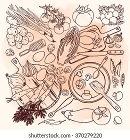 Vegetarian and vegan food recipes template with vegetables and kitchenware. Top view cooking items on watercolor background. 