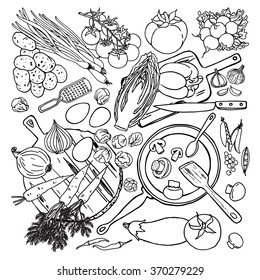 Vegetarian and vegan food recipes template with vegetables and kitchenware. Top view sketches cooking items on white background. 