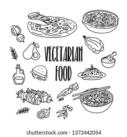 Vegetarian, vegan, healthy food hand drawn, doodle illustration with pizza, sandwich, vegetables.