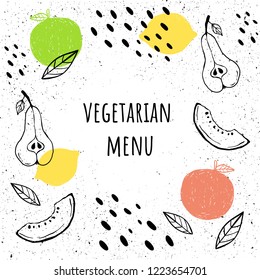 Vegetarian, vegan menu template in hand drawn style. Hand-drawn style.