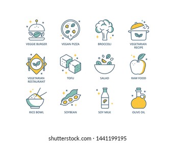 Vegetarian, vegan, organic food line vector icons with veggie burger, pizza, broccoli, cooking, restaurant, tofu, salad, raw, rice bowl, soy milk, olive oil. 