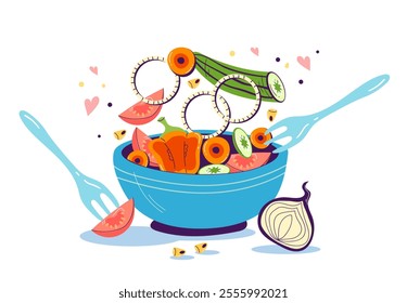 Vegetarian vegetable salad vegan food healthy diet concept. Prepare cooking dinner breakfast. Vector graphic design illustration