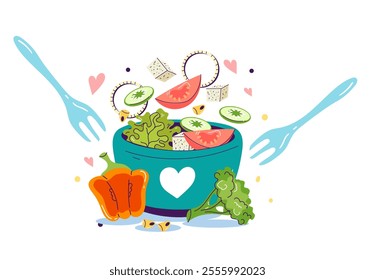 Vegetarian vegetable salad vegan food healthy diet concept. Prepare cooking dinner breakfast. Vector graphic design illustration