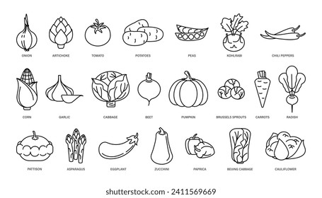 Vegetarian, vegetable, thin line web icons set. Included are simple vector icons such as tomato, cucumber, kohlrabi, cauliflower, pumpkin. Vector