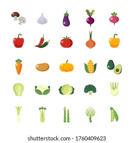 Vegetarian, vegetable, veggies colorful flat icons set.