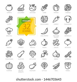 Vegetariano, verduras, verduras - juego de íconos web mínimo de línea delgada. Incluidos los simples íconos como kohlrabi, coliflor, squash patmecanico, cabeza de campo, daikon. Colección de iconos de esquema