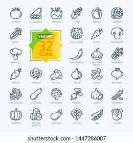 Vegetarian, Vegetable, Veggies - Minimal Thin Line Web Icon Set. Included The Simple Icons As Kohlrabi, Cauliflower, Pattypan Squash, Fiddleheads, Daikon. Outline Icons Collection. 