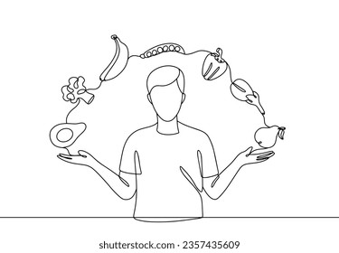 Vegetarian with vegetables and fruits. A person who deliberately does not eat meat. World Vegetarian Day. One line drawing for different uses. Vector illustration.