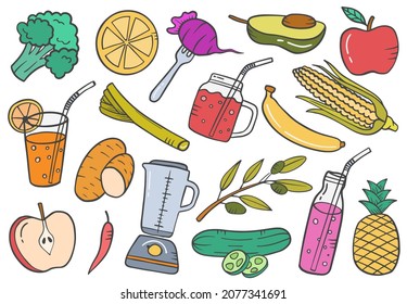 vegetarian veggie concept doodle hand drawn set collections with flat outline style