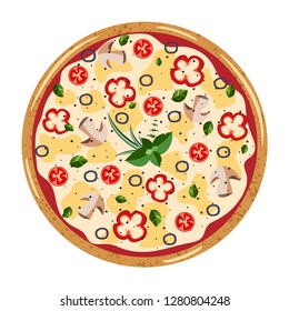 Vegetarian whole Pizza top view with different ingredients: mushroom, olive, pepper,tomato. Vector illustration isolated on white background. Colorful  flat style.