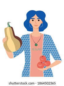 Vegetarian woman isolated. Flat vector stock illustration. Vegan woman with pumpkin and vegetables. Zero Waste End, Eco Friendly Lifestyle, Vegetarian, Vegan. Illustration with a young vegan