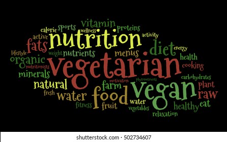 Vegetarian word cloud, color fonts, black background.