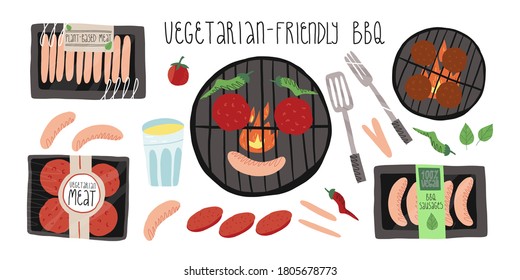 Vegetarian-friendly barbecue set with plant-based meat for vegans and people on diet. Raw sausages, patty melt and ready meal on outdoor grill, BBQ cooking implements, chili pepper, home made lemonade