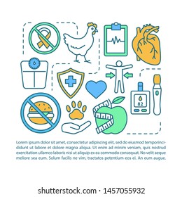 Vegetarianism advantages article page vector template. Vegan benefits brochure, magazine, booklet design element with linear icons and text boxes. Print design. Concept illustrations with text space 
