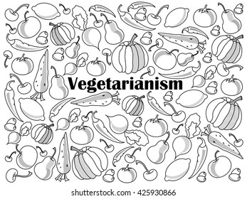 Vegetarianism design colorless set vector illustration. Coloring book. Black and white line art