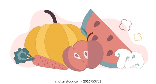 Vegetarianism. Healthy food. Still life of vegetables and fruits. Vector flat illustration