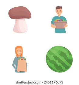 Vegetarianism icons set cartoon vector. People bought fruit and vegetable. Healthy diet, organic nutrition