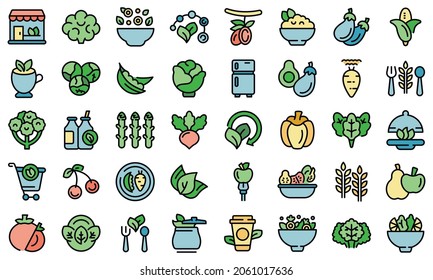 Vegetarianism icons set outline vector. Vegan fruit. Diet broccoli