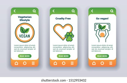 Vegetarianism on mobile app onboarding screens. Line icons, vegan lifestyle, cruelty free, go vegan. Banners for website and mobile kit development. UI/UX/GUI template.