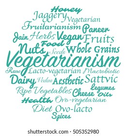 Vegetarianism tag cloud. vector illustration of ingredients for healthy food