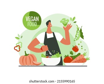 Vegetarianismo, un hombre vegano cocina comida. Comida vegetariana, verduras, verduras, lechuga, zanahorias, pimientos, col. Comer sano.