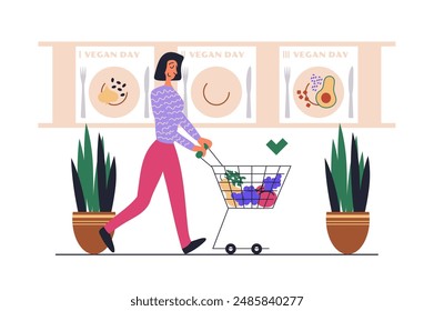 Vegetarianism web concept with people scene in flat design. Woman follows fresh veggie diet and making shopping with supermarket cart at grocery. Vector illustration with character situation for web