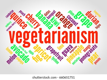 Vegetarianism. Word cloud, brightly colored font, grey gradient background. Fruit.