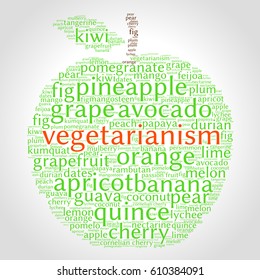 Vegetarianism. Word cloud in shape of fruit, grey gradient background. Natural food.
