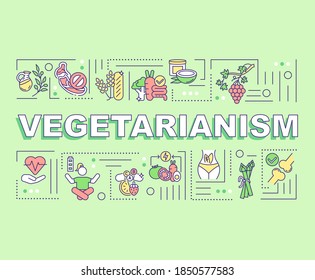 Pancarta de conceptos de palabra vegetarianismo. Ideas de estilos de vida saludables. Comidas orgánicas. Infografía con iconos lineales sobre fondo verde. Tipografía aislada. Ilustración de color RGB del contorno del vector