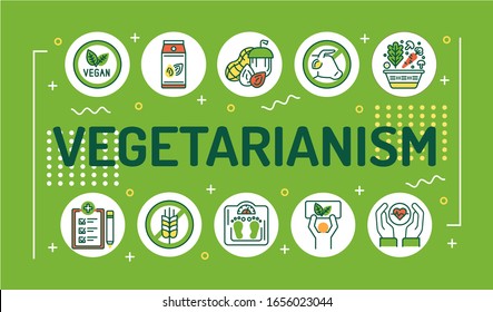 Vegetarianism word lettering typography. Vegan lifestyle. Natural, organic food. Infographics with linear icons on green background. Creative idea concept. Isolated outline color illustration
