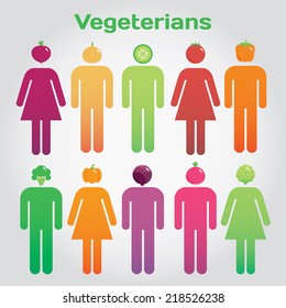 Vegetarians. Men and women with vegetables instead the head.Vector modern illustration, stylish design element